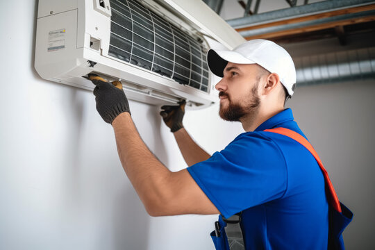HVAC technician installing a mini split air conditioner in West Valley City