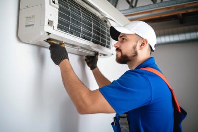 360_F_621046421_Vcay4nYa8ozdeodOQVDfES6MRrC6N3b8 Air conditioning technician servicing a wall-mounted AC unit in West Valley City, UT